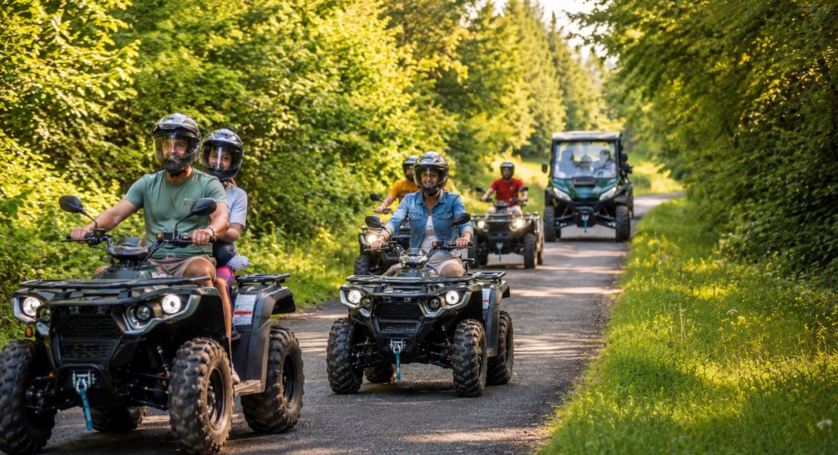 Convoi de quads et UTV dans une forêt lumineuse