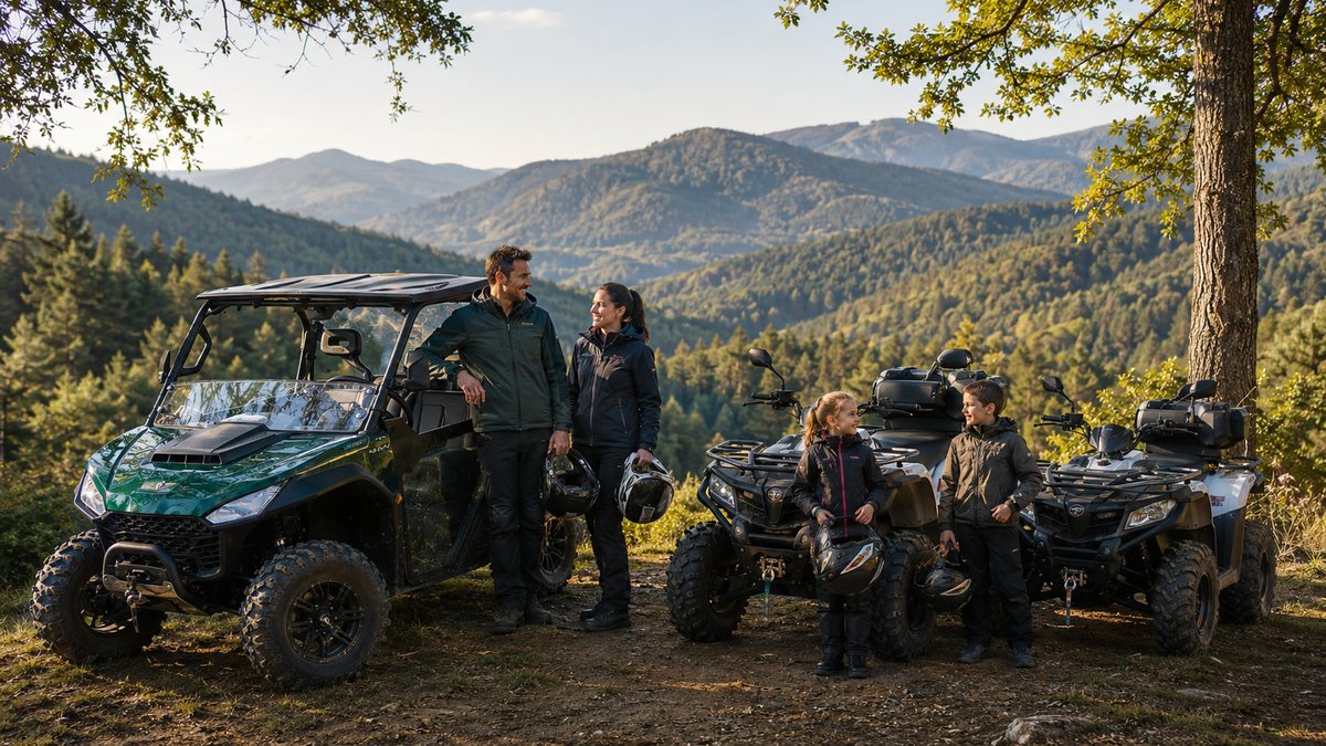 Famille près d'un UTV et de quads avec vue dégagée