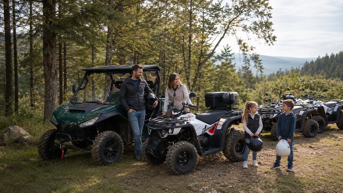 Famille avec UTV et quads près d'un panorama