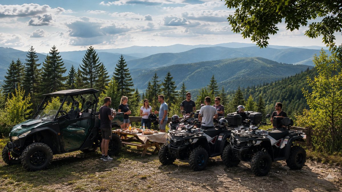 Pause en groupe avec quads devant un panorama