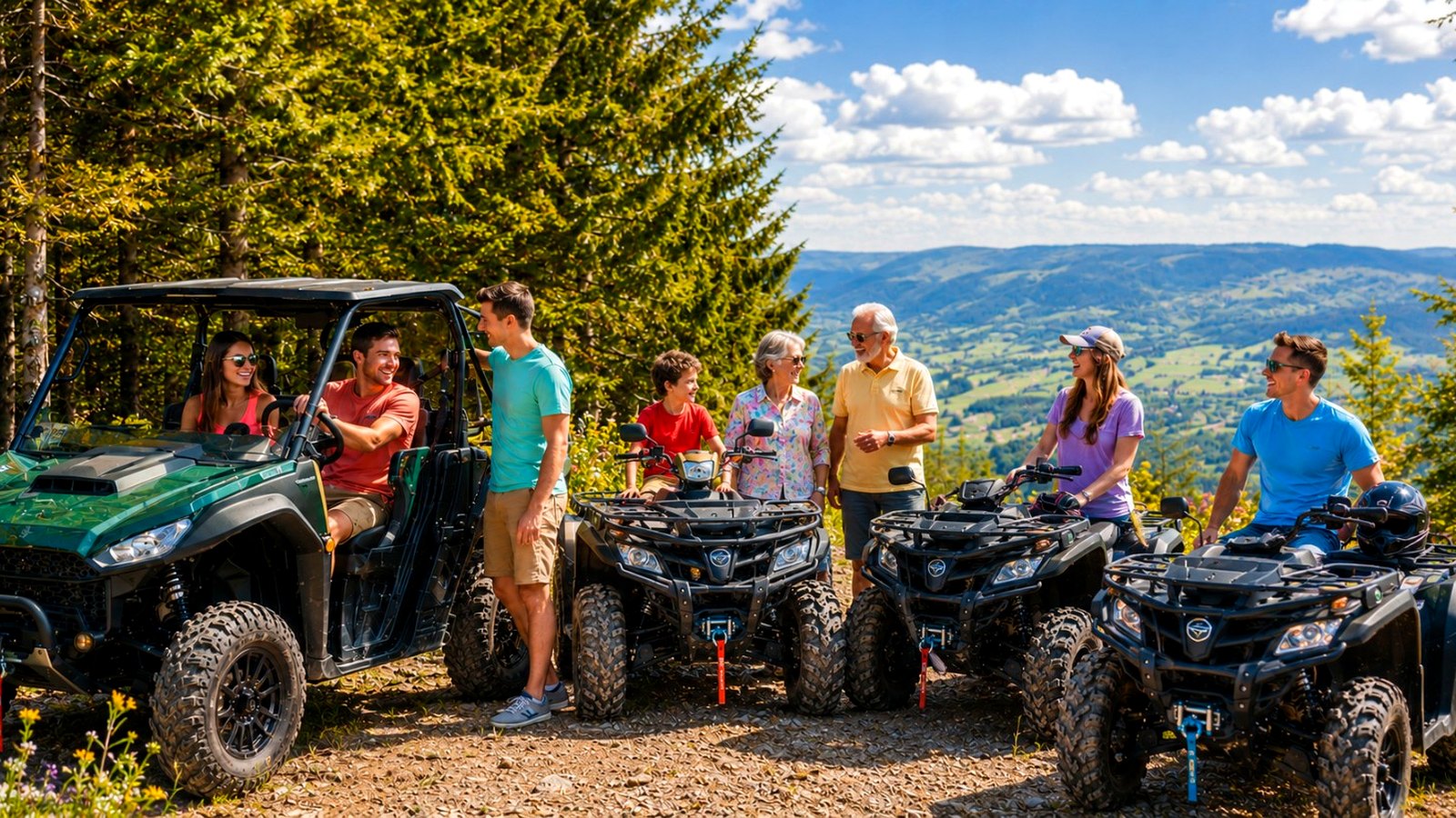 Groupe avec UTV et quads dans un décor naturel des Vosges
