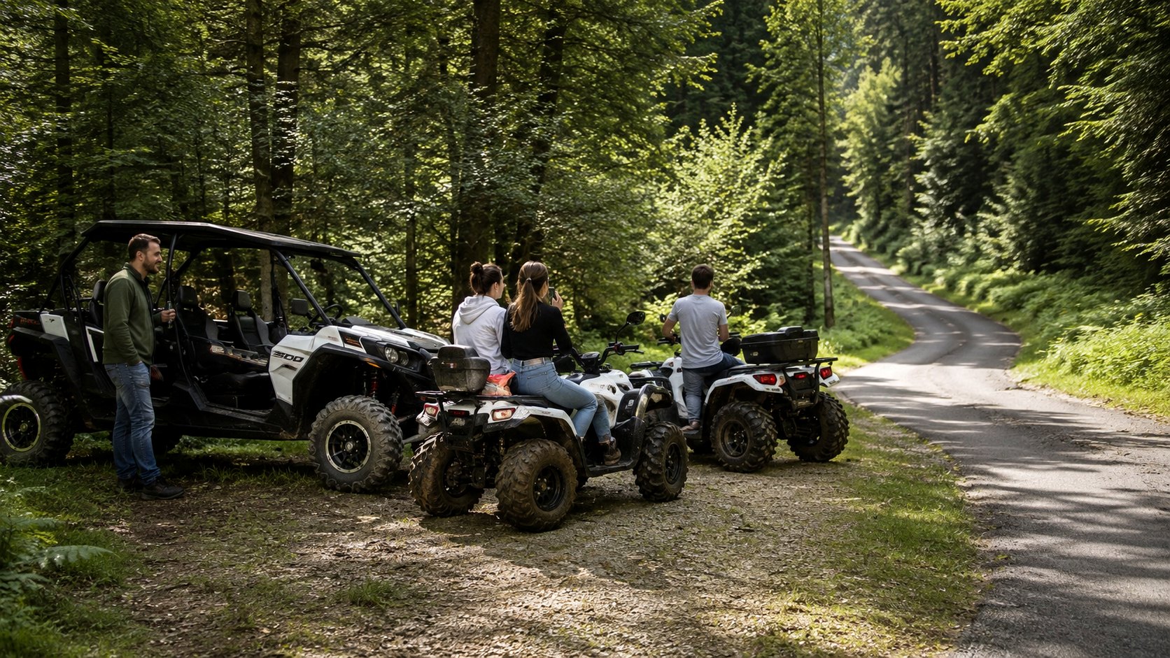 Pause de sortie quad dans une forêt vosgienne